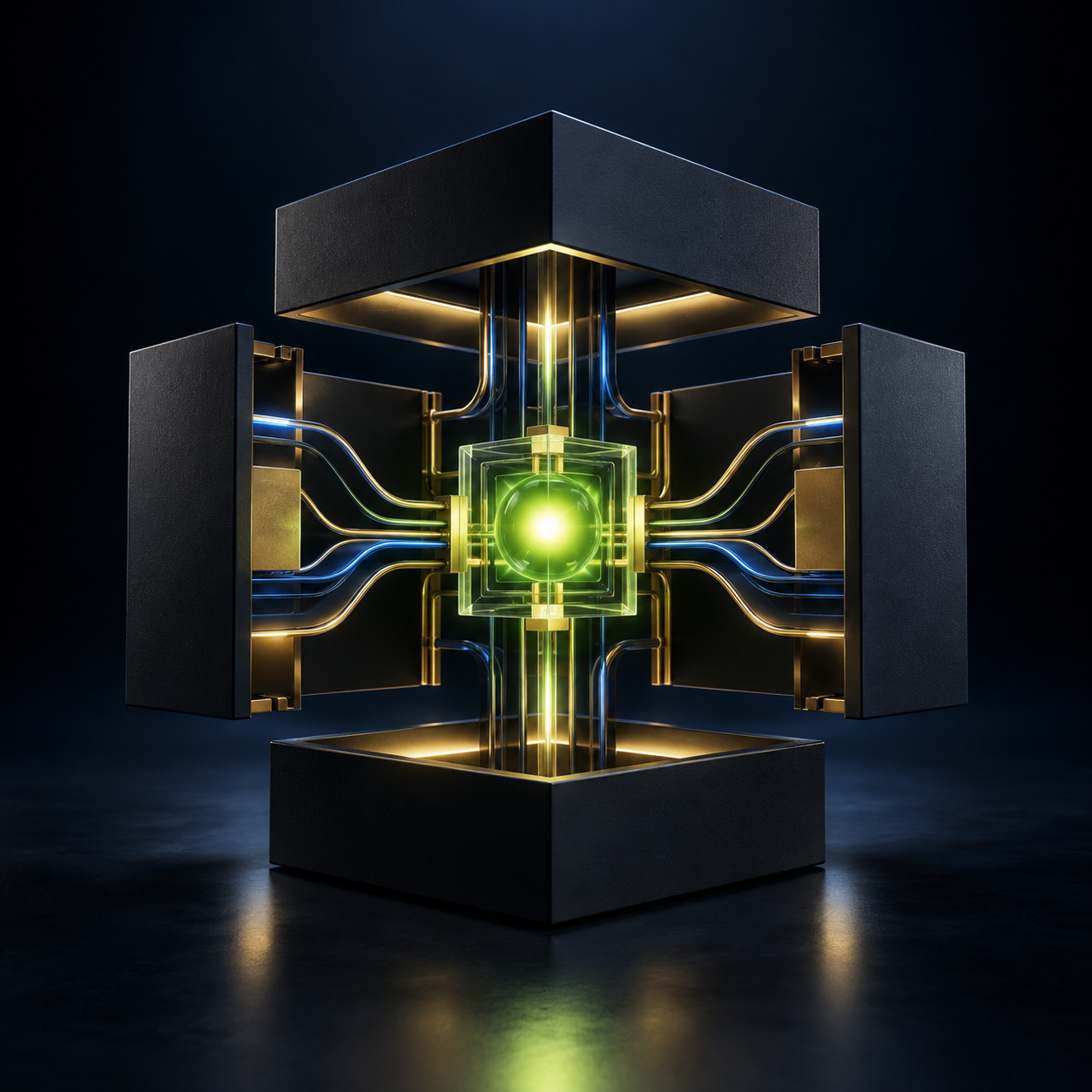 A futuristic, high-tech computer chip or circuit with glowing green core and interconnected gold and blue wiring inside a sleek, black frame.
