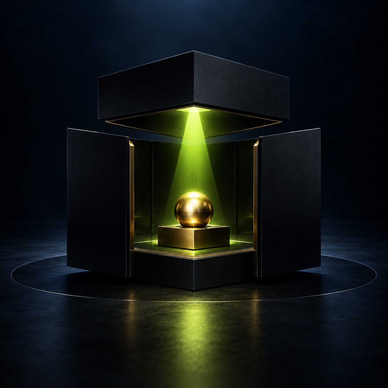 A golden sphere on a pedestal inside a black box with open doors, illuminated by green light from above, on a dark surface.