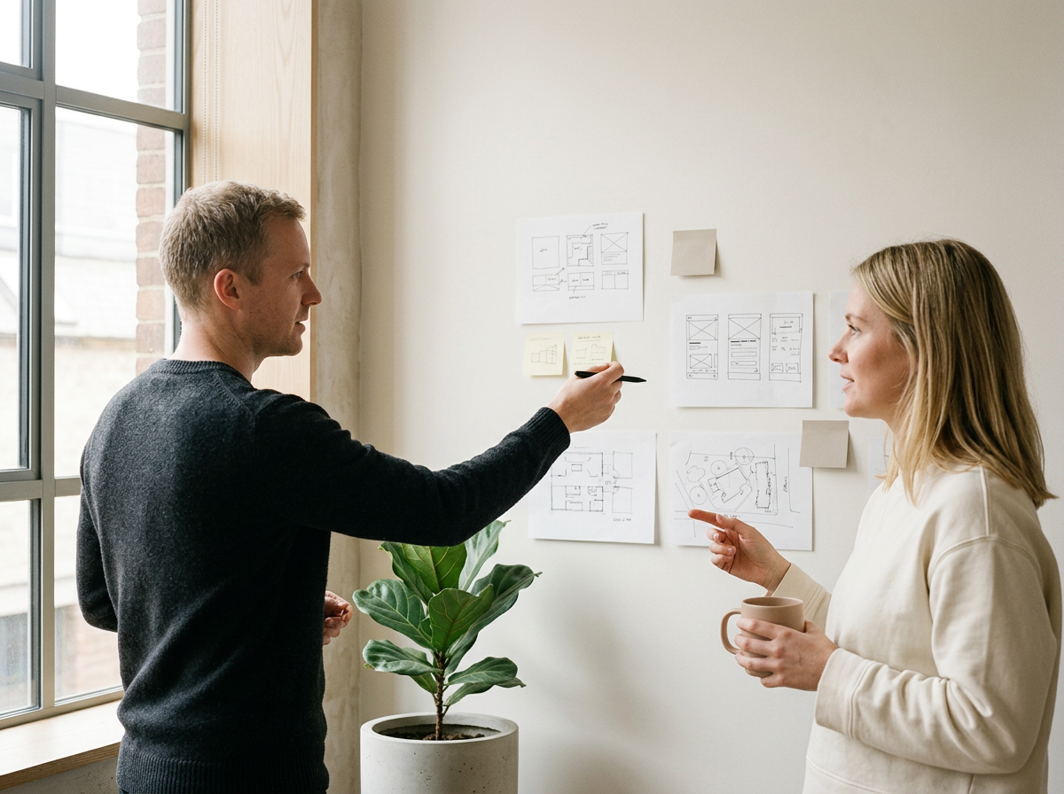Two people, a man and a woman, having a discussion in a bright room with a large window. The man is pointing at sketches on the wall, and the woman is holding a coffee mug, listening attentively.
