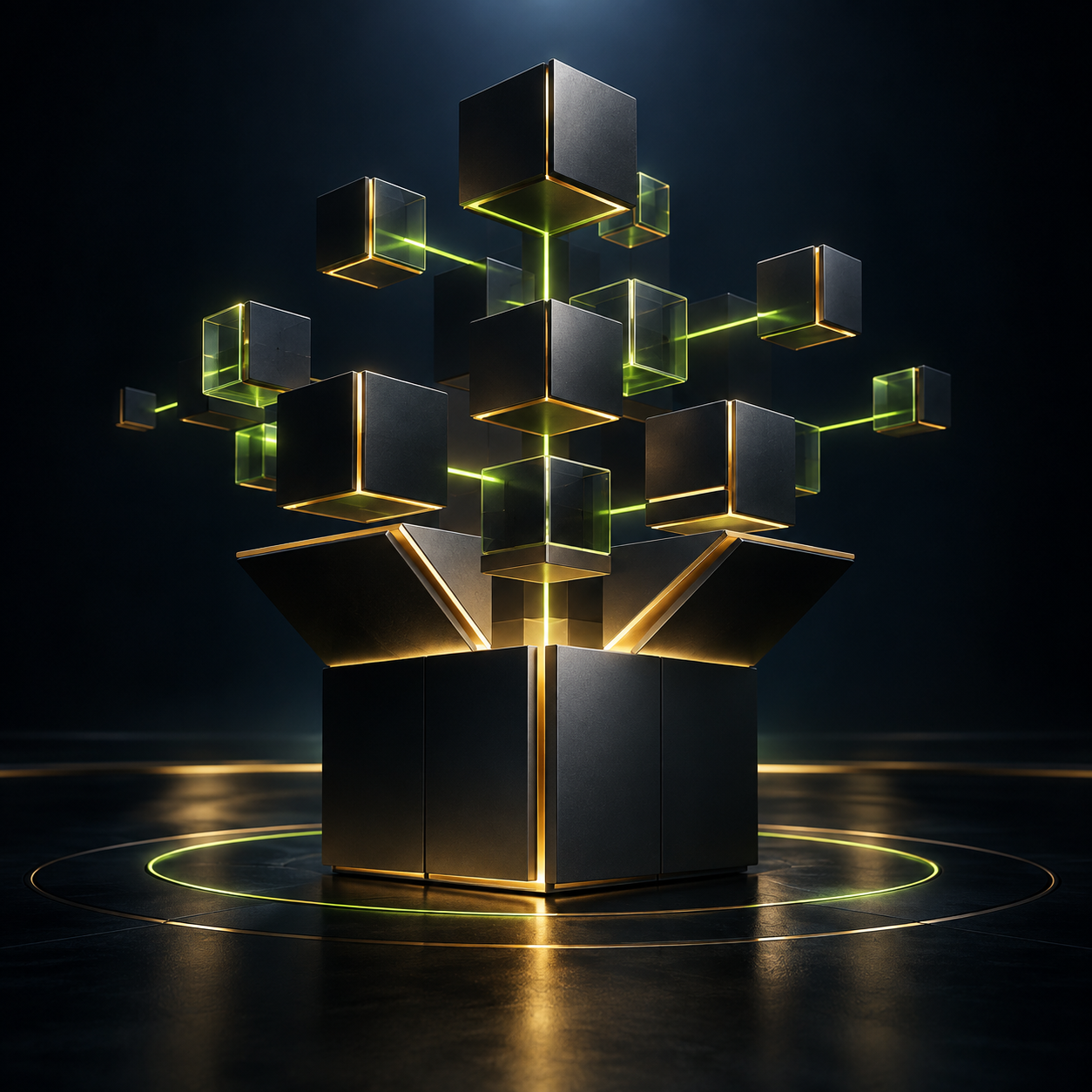 A futuristic digital art piece featuring a black box with gold accents and glowing green lines forming interconnected cubes emerging from it, set against a dark background with illuminated circular lines on the ground.