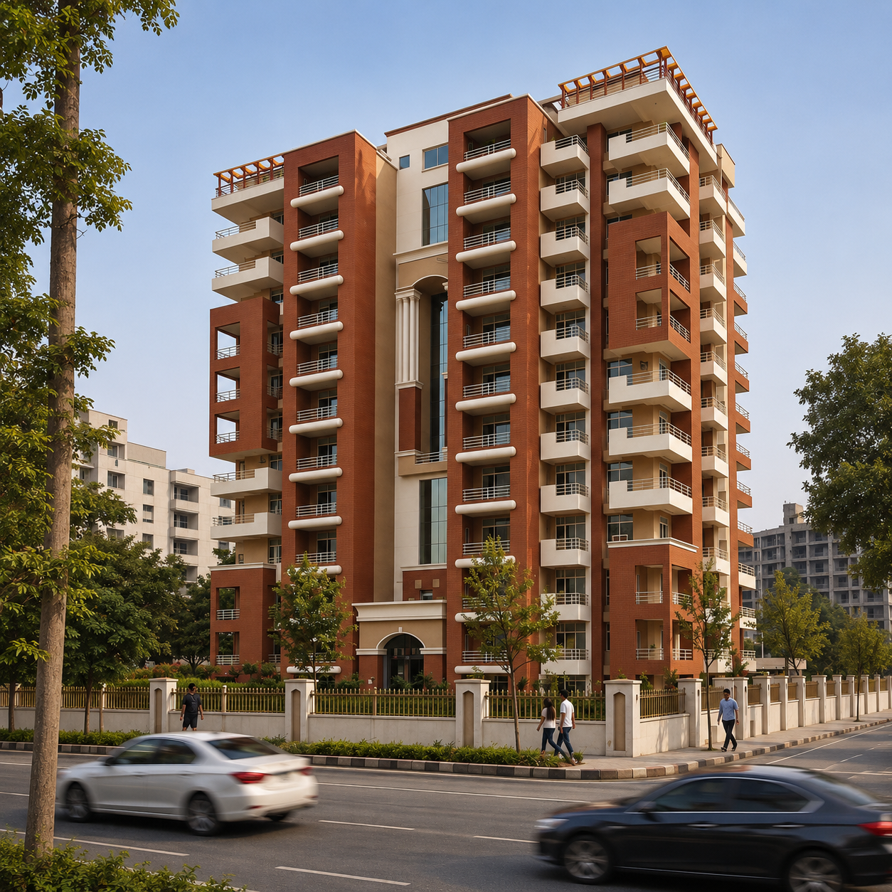A multi-story residential building with brick and cream-colored exterior, balconies, and a gated entrance, situated along a busy street with cars and pedestrians.