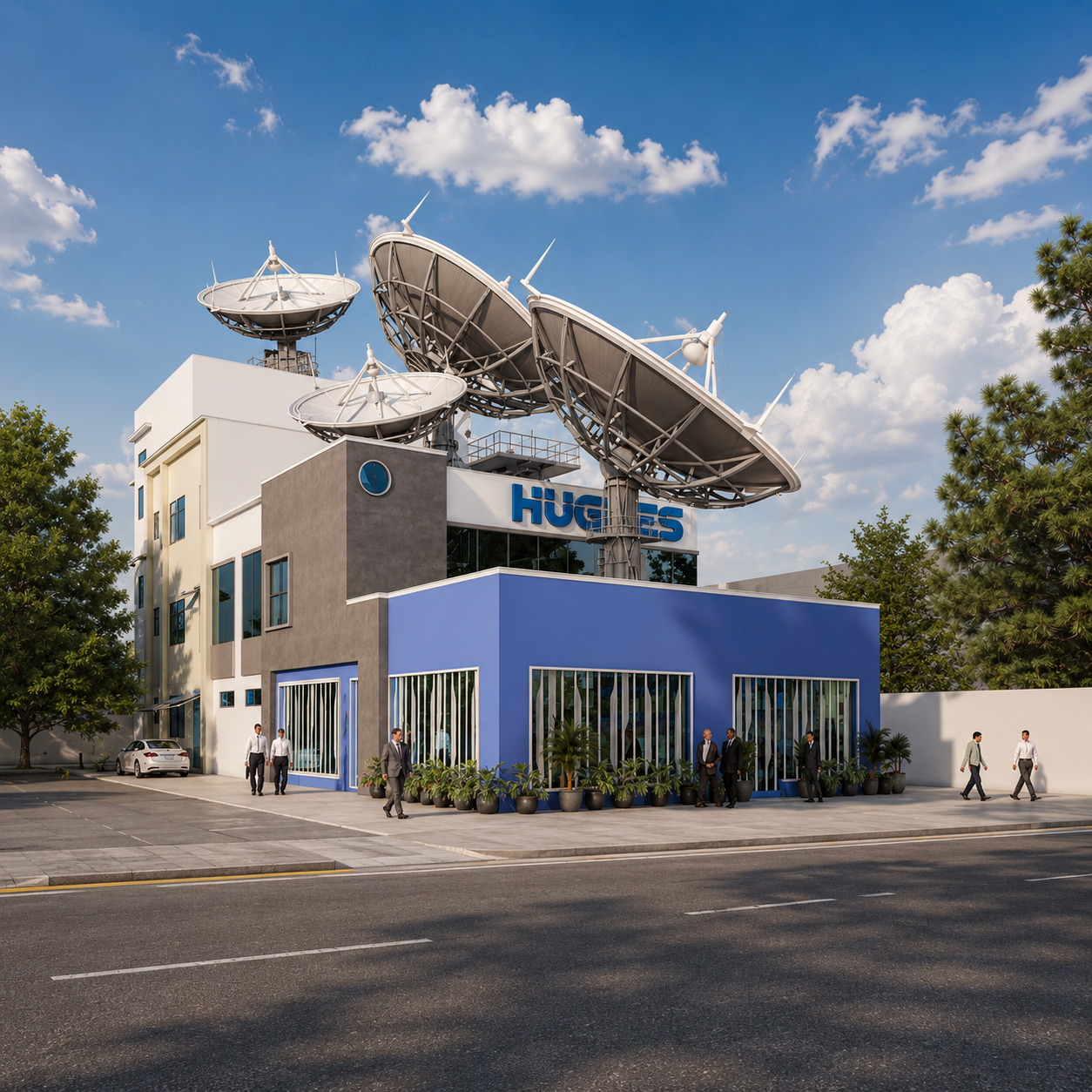 Modern building with satellite dishes on the roof, a blue facade, and a sign that says 'Hughes'; people in business attire walking nearby on a sunny day.