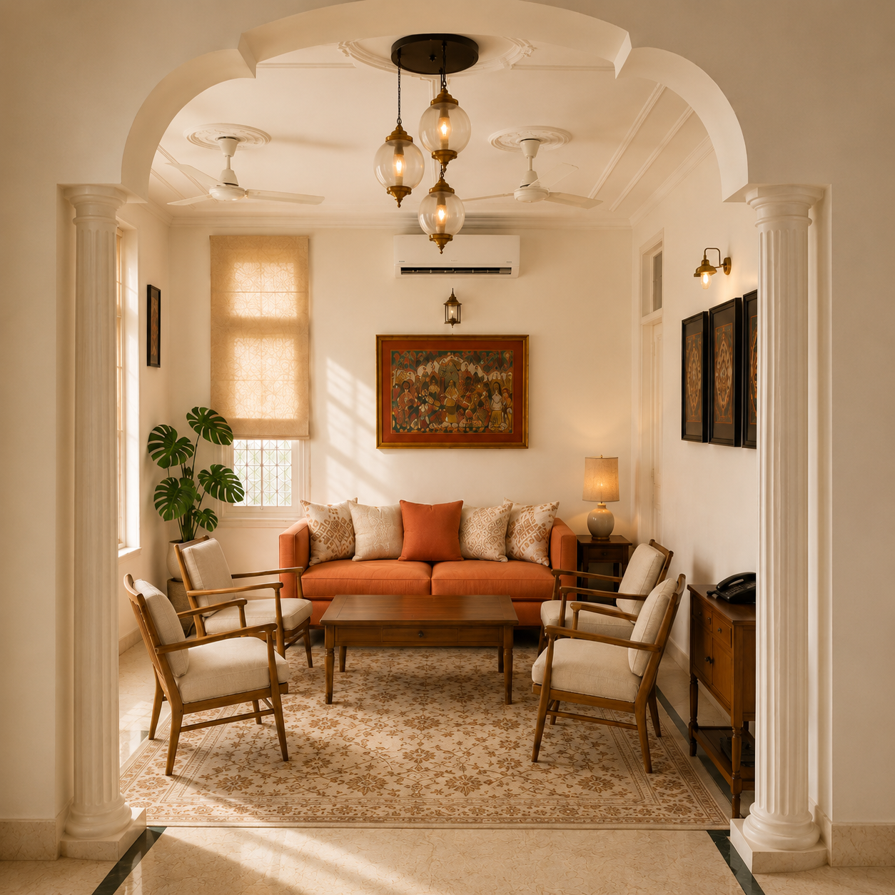 Living room with a coral sofa, four beige armchairs with wooden frames, a wooden coffee table, and a patterned beige rug. Decor includes framed artwork, a beige table lamp, a potted Monstera plant, and decorative pillows. Architectural columns and ceiling fans are visible.