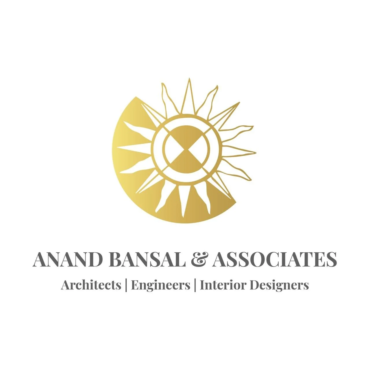 Logo of Anand Bansal & Associates featuring a stylized sun with a golden hue, accompanied by black text stating the firm's name and services as architects, engineers, and interior designers.