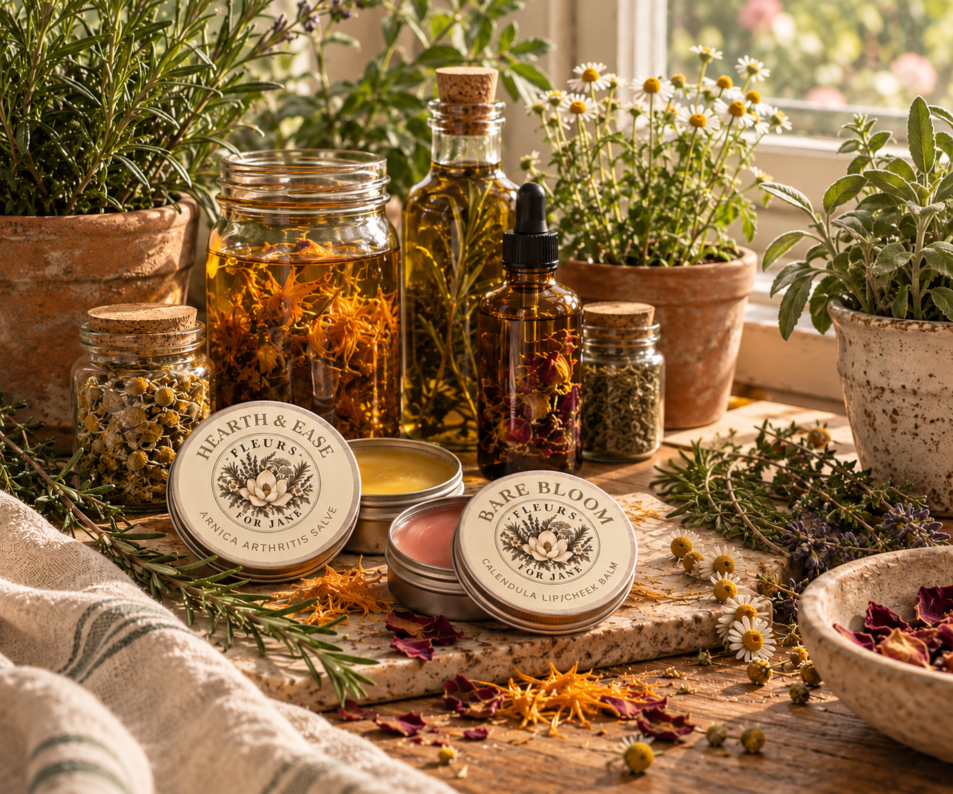 A variety of herbal skincare products, including ointments, balms, and oils, surrounded by potted plants and dried flower petals on a marble surface near a window.