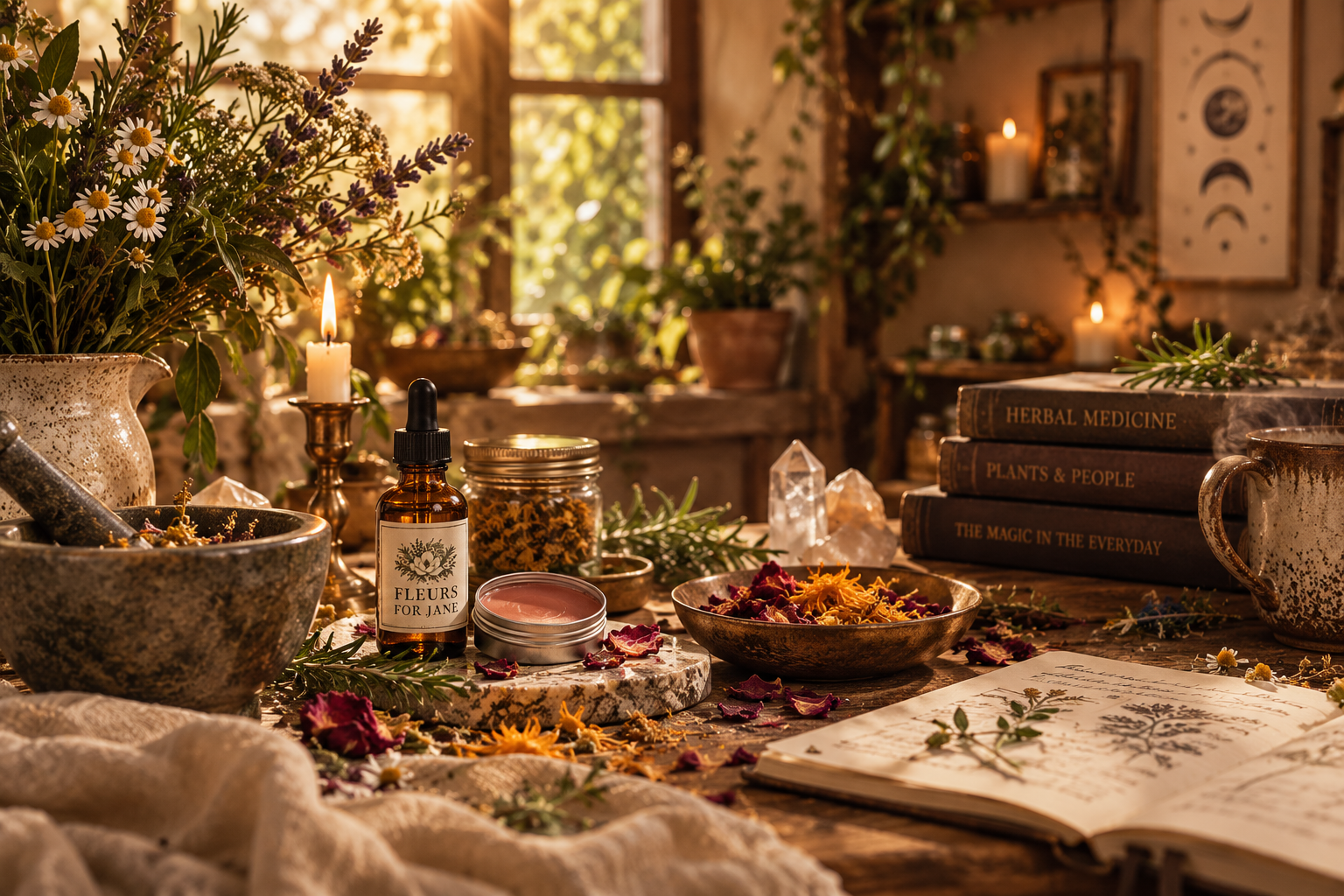 A cozy herbal medicine or herbal tea preparation space with candles, flowers, herbal jars, open books on herbal medicine, and scattered flower petals in warm sunlight.
