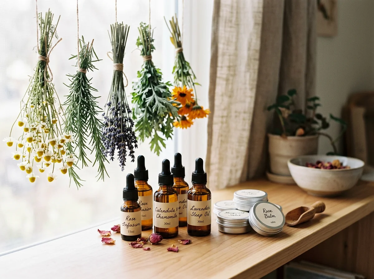 Herbal aromatherapy products including dried herbs hanging on a string near a window, small bottles of essential oils with handwritten labels, a bowl of dried flower petals, and a small container of rose balm on a wooden surface.