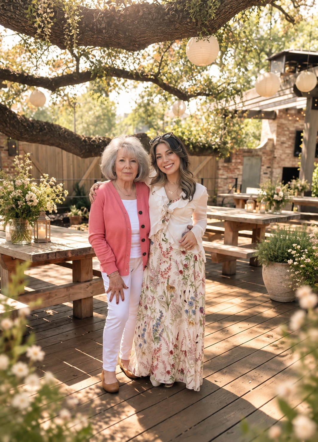 Two women, one older and one younger, standing together on a wooden patio outdoors during daytime. The older woman has gray hair and is wearing a pink cardigan, white pants, and beige shoes. The younger woman has long, wavy hair, wearing a cream-colored blouse and a floral skirt. They are surrounded by potted flowers and illuminated paper lanterns hanging from a tree branch.