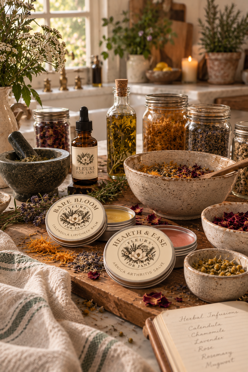A rustic herbal apothecary setup with dried herbs in jars, herbal salves labeled 'Bare Bloom' and 'Earth & Ease,' a mortar and pestle, fresh herbs, an open herbal recipe book, and lit candles on a wooden surface.