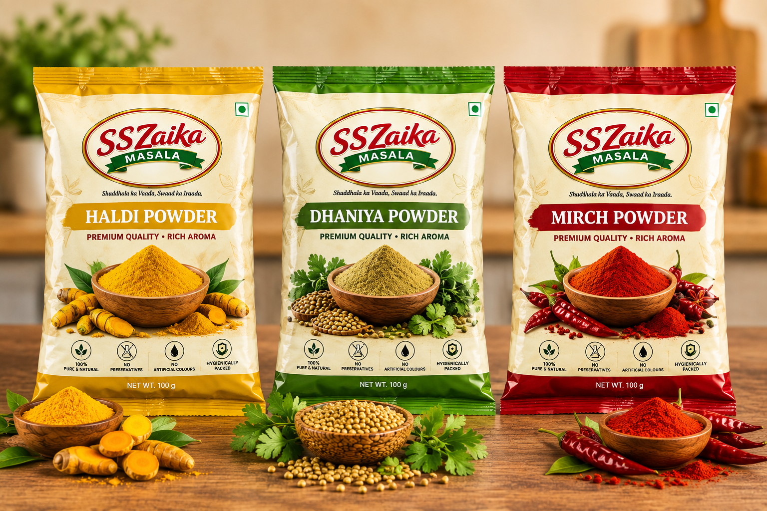 Three packets of spices labeled Haldi Powder, Dhaniya Powder, and Mirch Powder, each with colorful packaging and bowls of spice powders on a wooden surface.