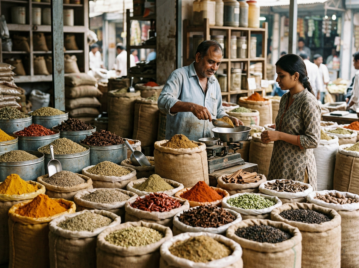A man and woman shopping at a spice market, with various spices in burlap sacks and metal containers around them.