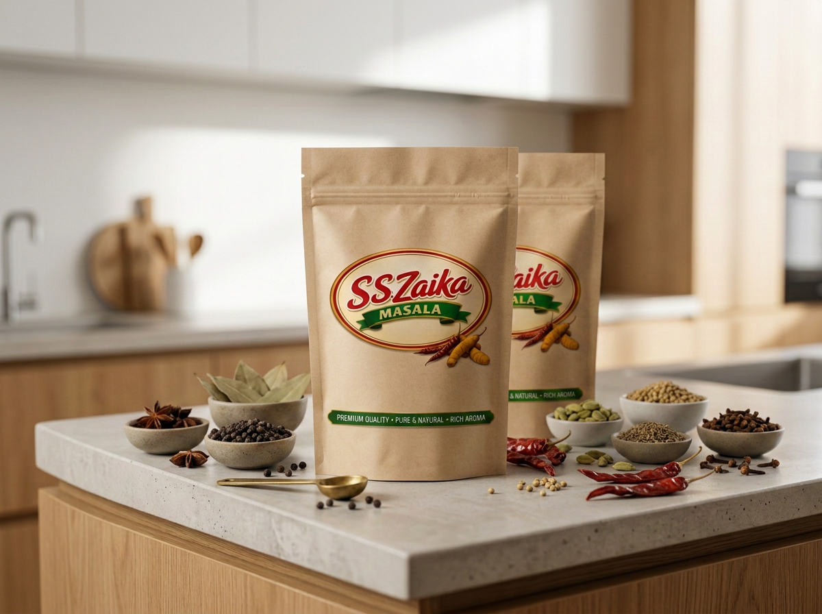 Two packets of SS Zaika Masala on a kitchen countertop surrounded by assorted spices and dried herbs.