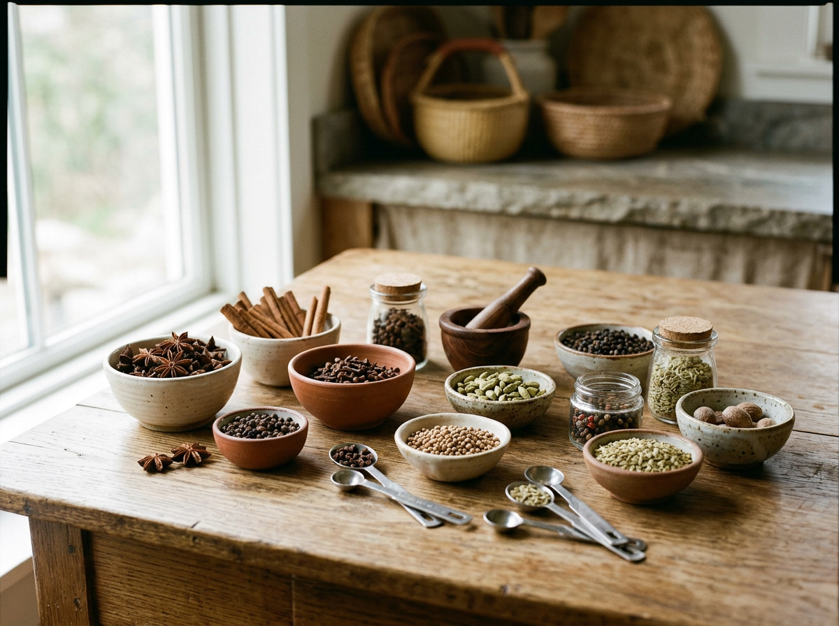 An assortment of spices, herbs, and seasonings in bowls and jars on a wooden table near a window, with some measuring spoons and a mortar and pestle.
