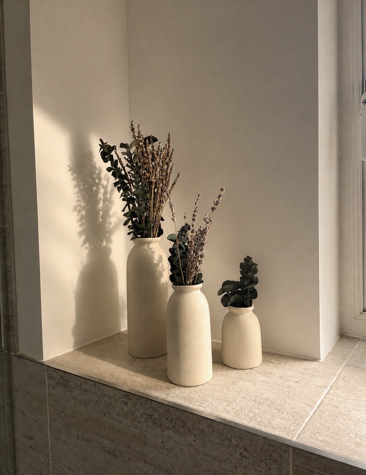 Three beige ceramic vases with dried and artificial greenery on a windowsill with sunlight casting shadows on the wall behind.