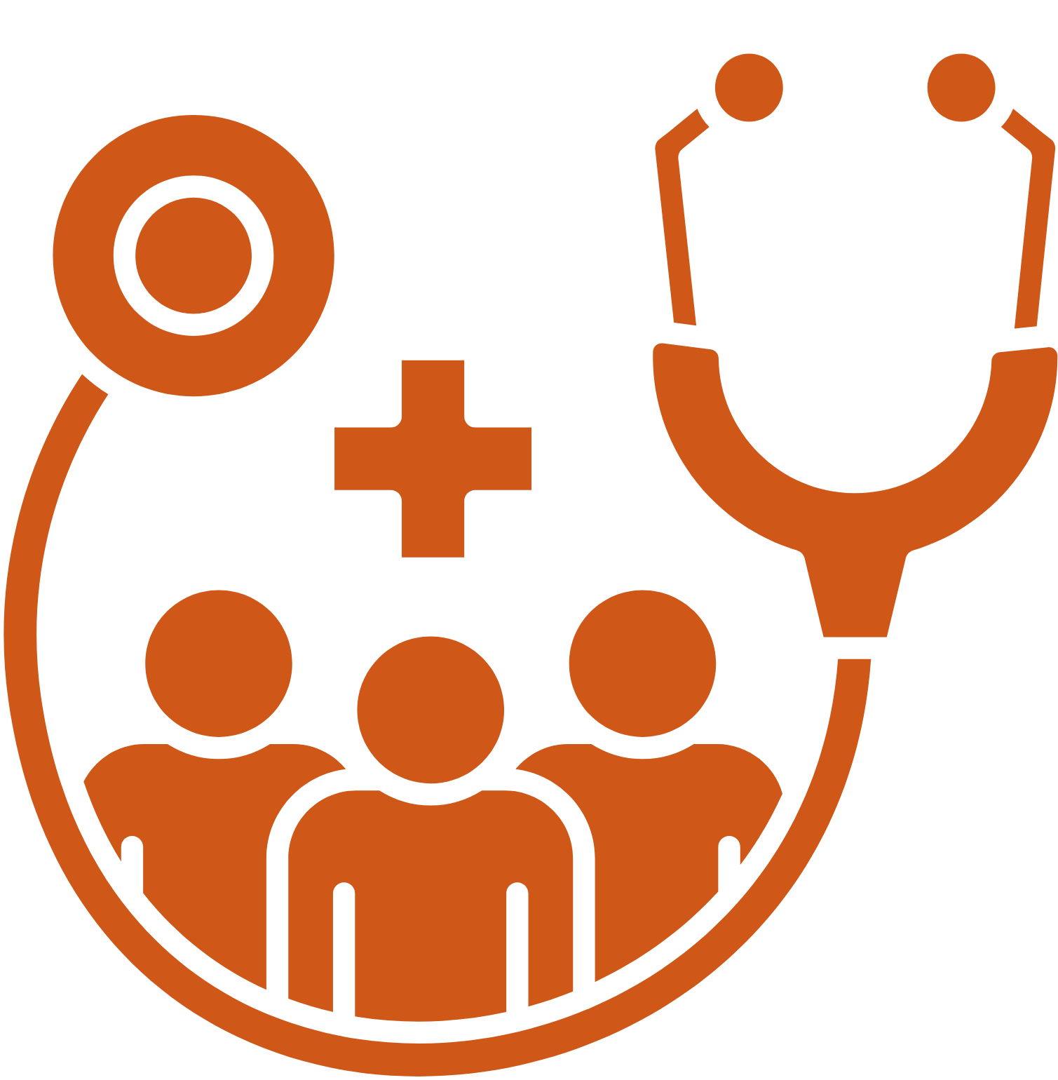 Icon representing teamwork or collaboration, featuring three human figures connected around a circle with a plus sign and a gear symbol.