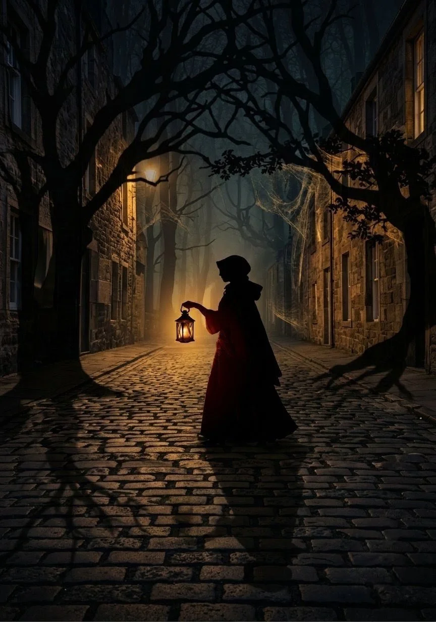 A person dressed in dark clothing holding a lantern on a cobblestone street at night, surrounded by leafless trees with cobwebs, with old stone buildings on either side, illuminated by streetlights.