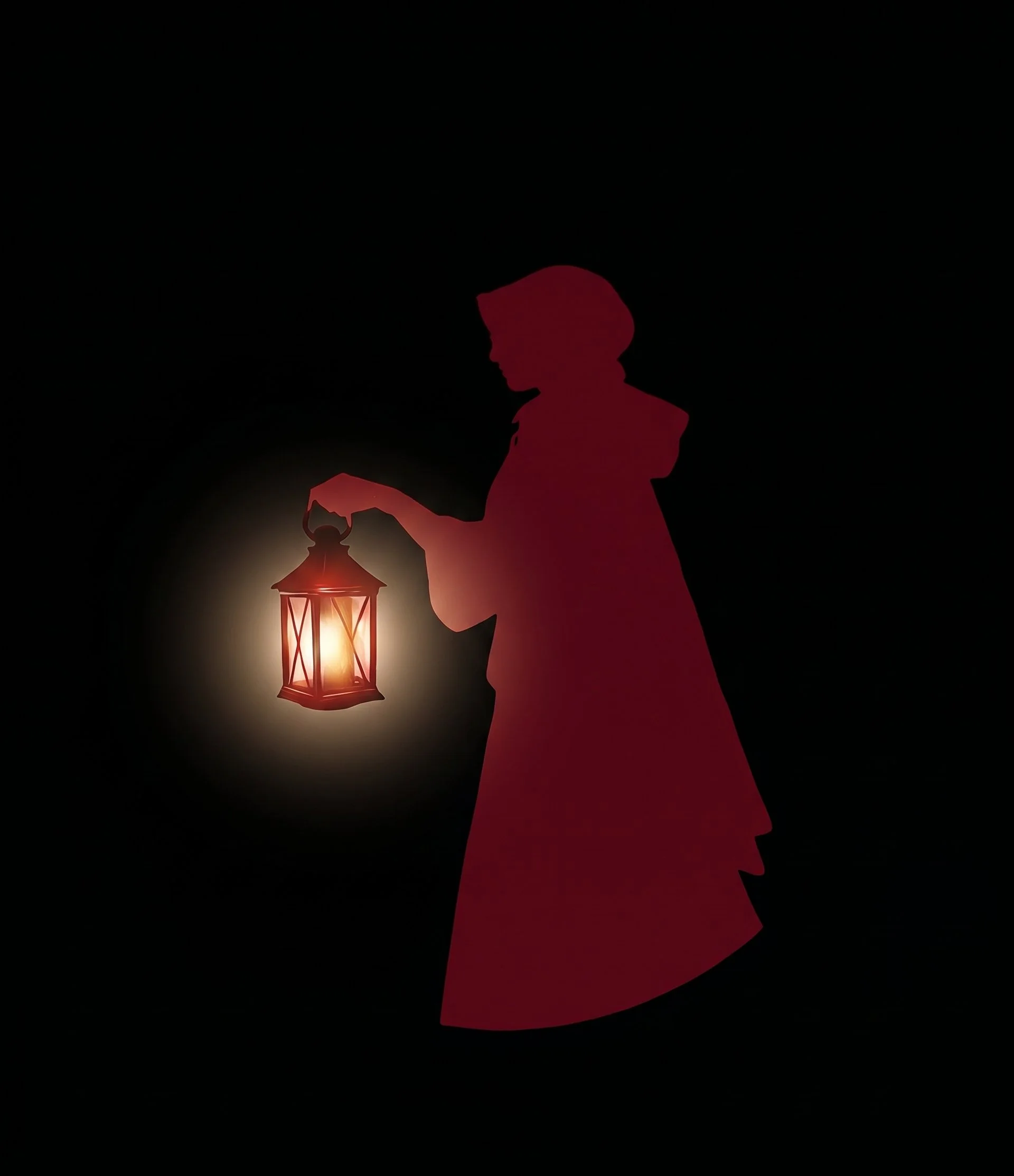 Silhouette of a woman in a red dress holding a lantern against a dark background.