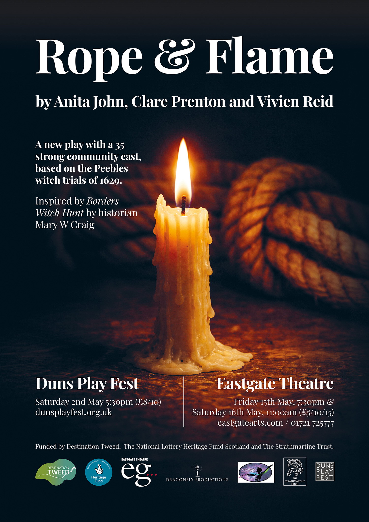 Poster for Rope & Flame play by Anita John, Clare Prenton, and Vivien Reid featuring a lit candle with melted wax and a background of a rope, with event details for Duns Play Fest and Eastgate Theatre.