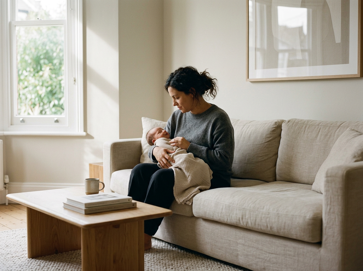 Caregiver holding a newborn baby in a comfortable home setting.