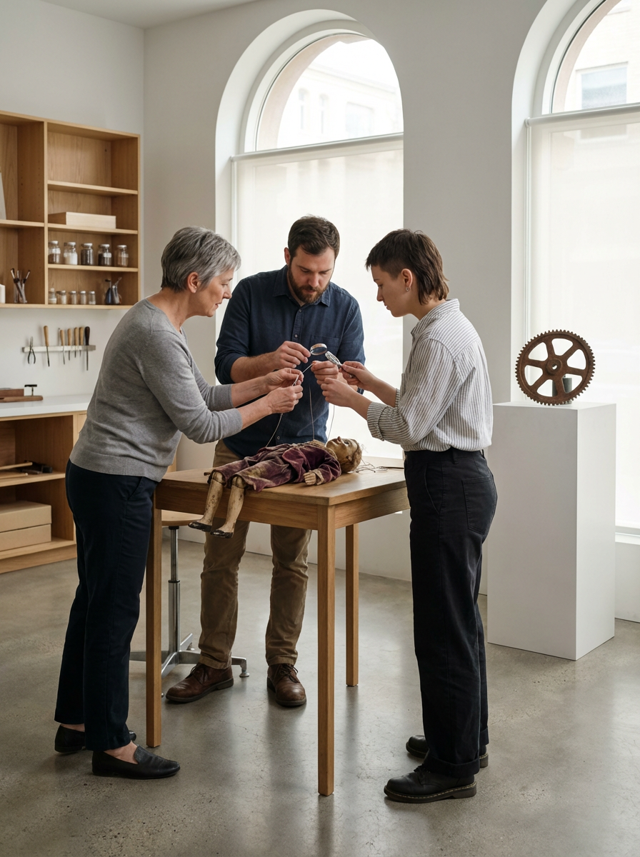 Three people examining a doll in a workshop with shelves of tools and a mannequin in the background.