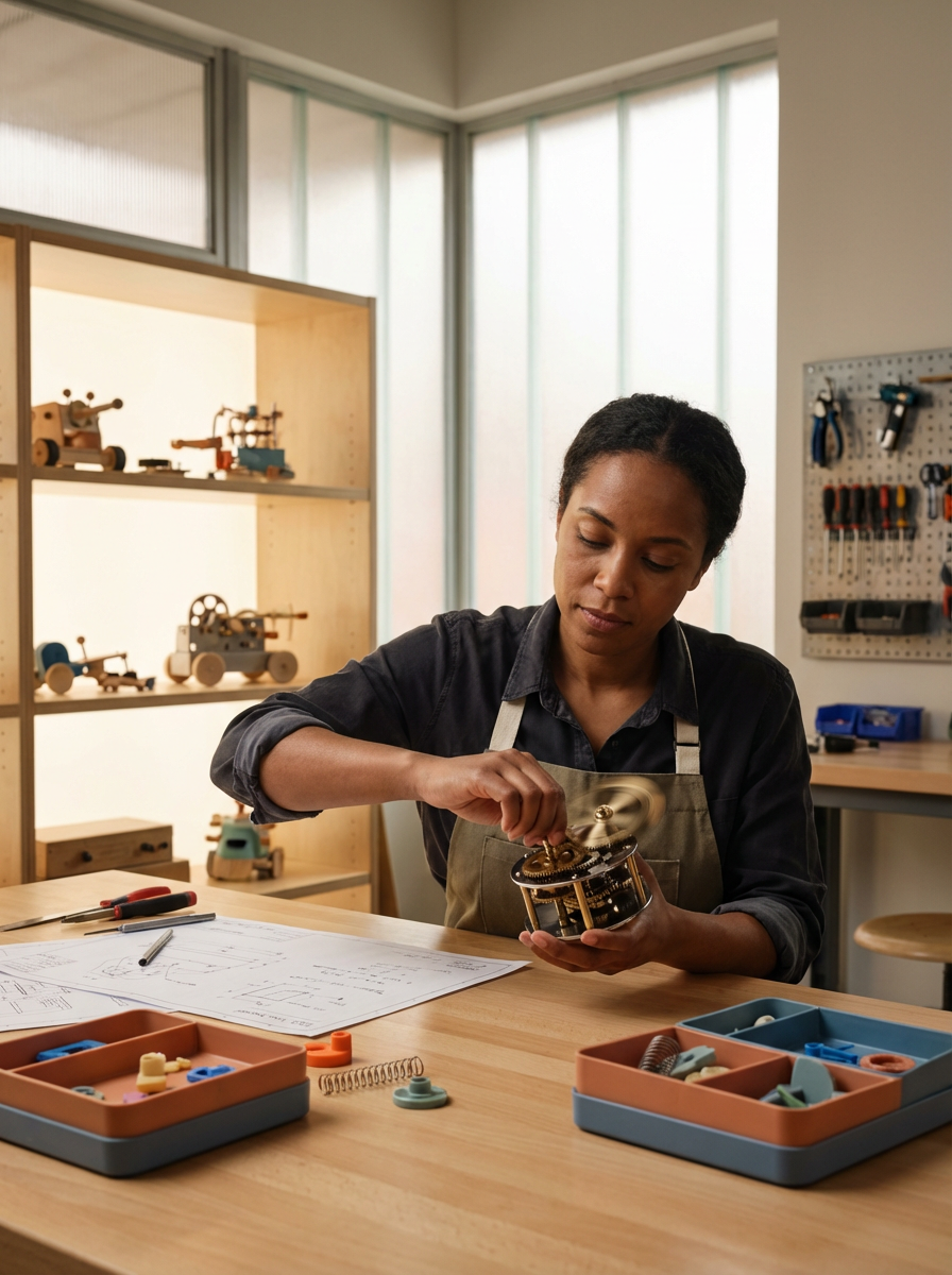 A woman working on a mechanical device in a workshop with wooden toys, tools, and engineering plans on a table.