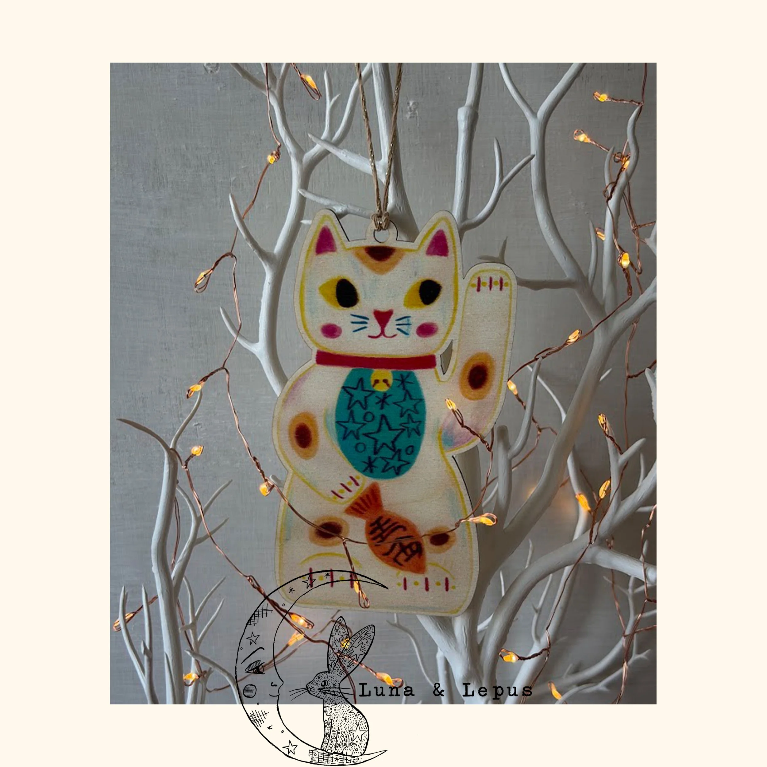 Lucky Cat Wooden Hanging Decoration