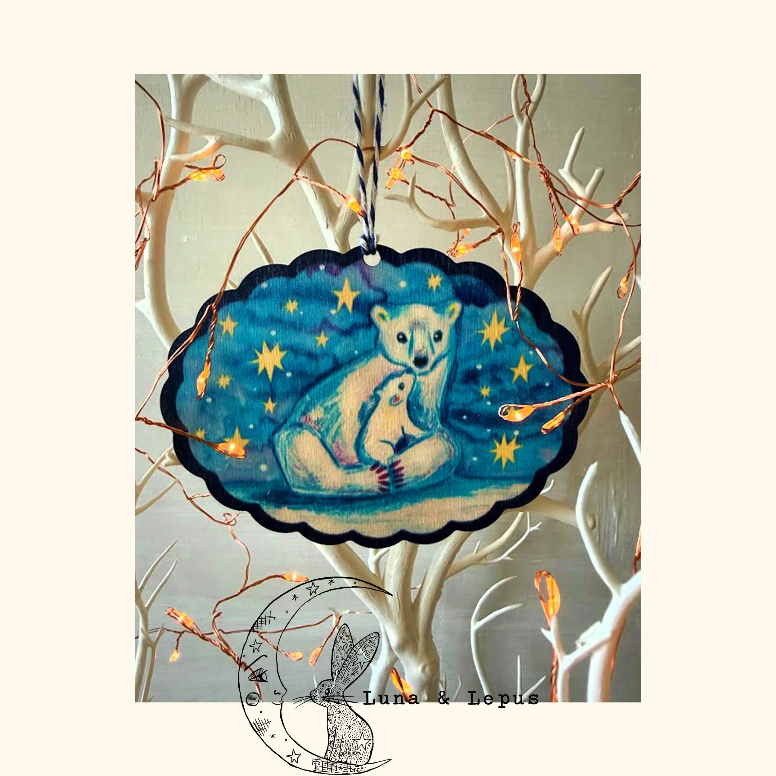 Polar Bear & Cub Wooden Hanging Decoration