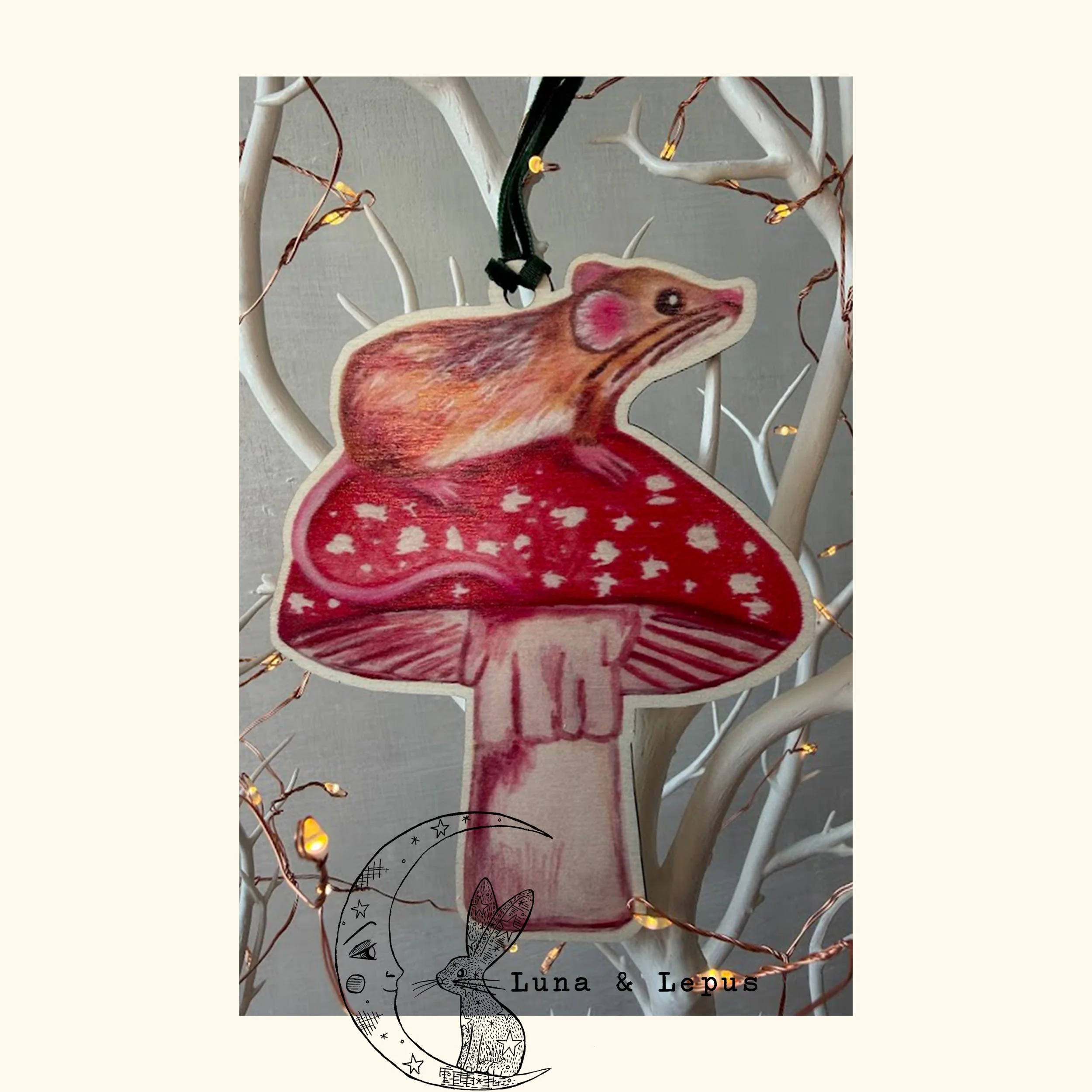 Mouse on a Toadstool Wooden Hanging Decoration