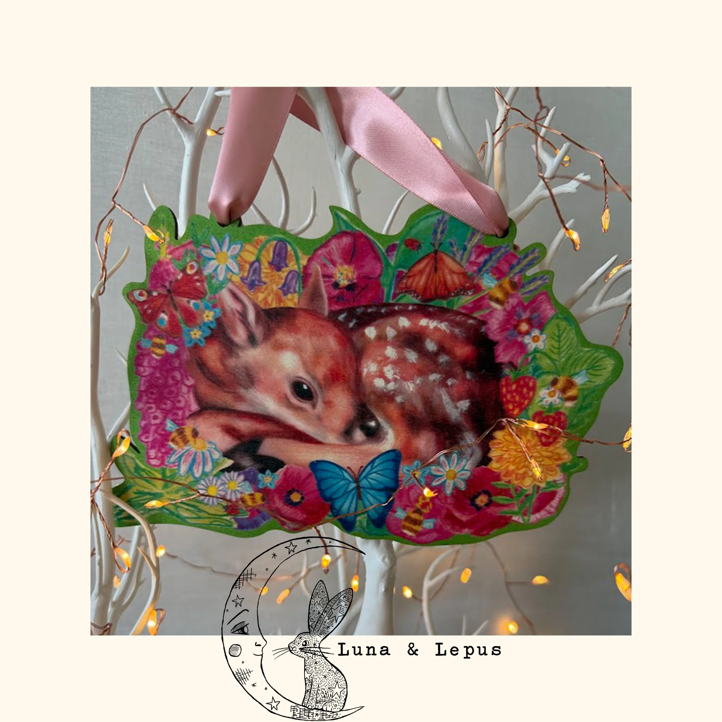 Deer Amongst the Flowers Wooden Hanging Decoration