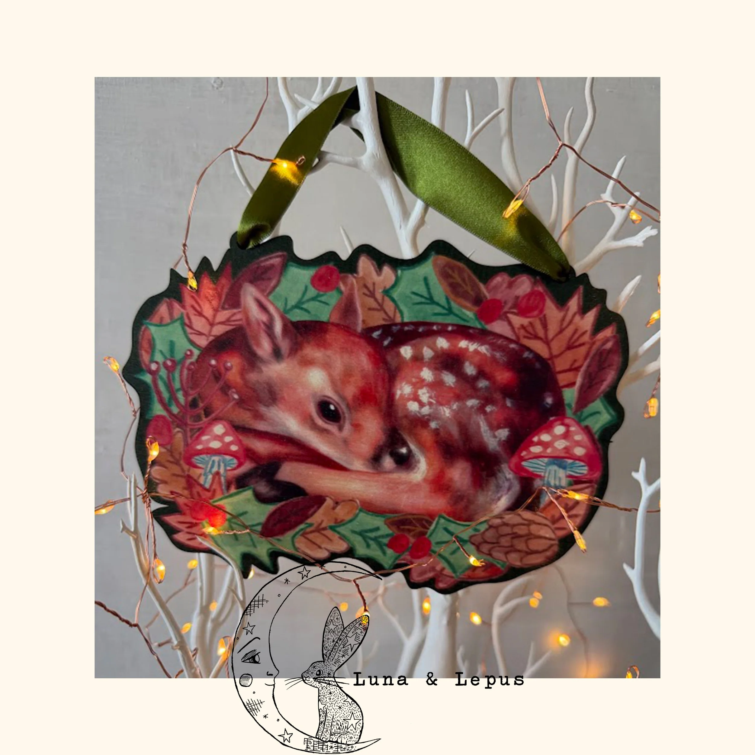 Deer Amongst the Holly Wooden Hanging Decoration