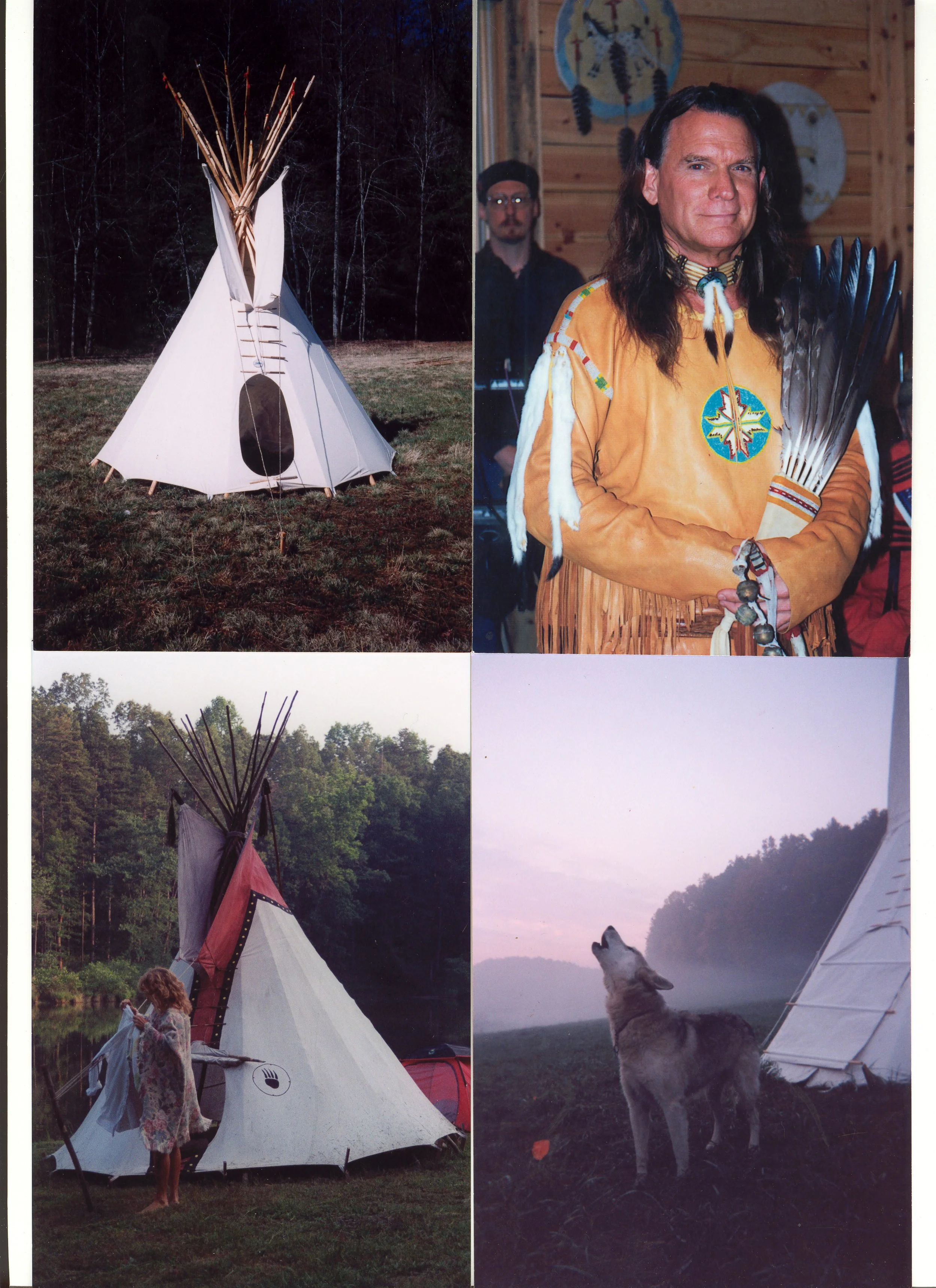 Photographs of a Native American-style teepee, a person in traditional Native attire, a howling dog, and a sunset landscape with trees.