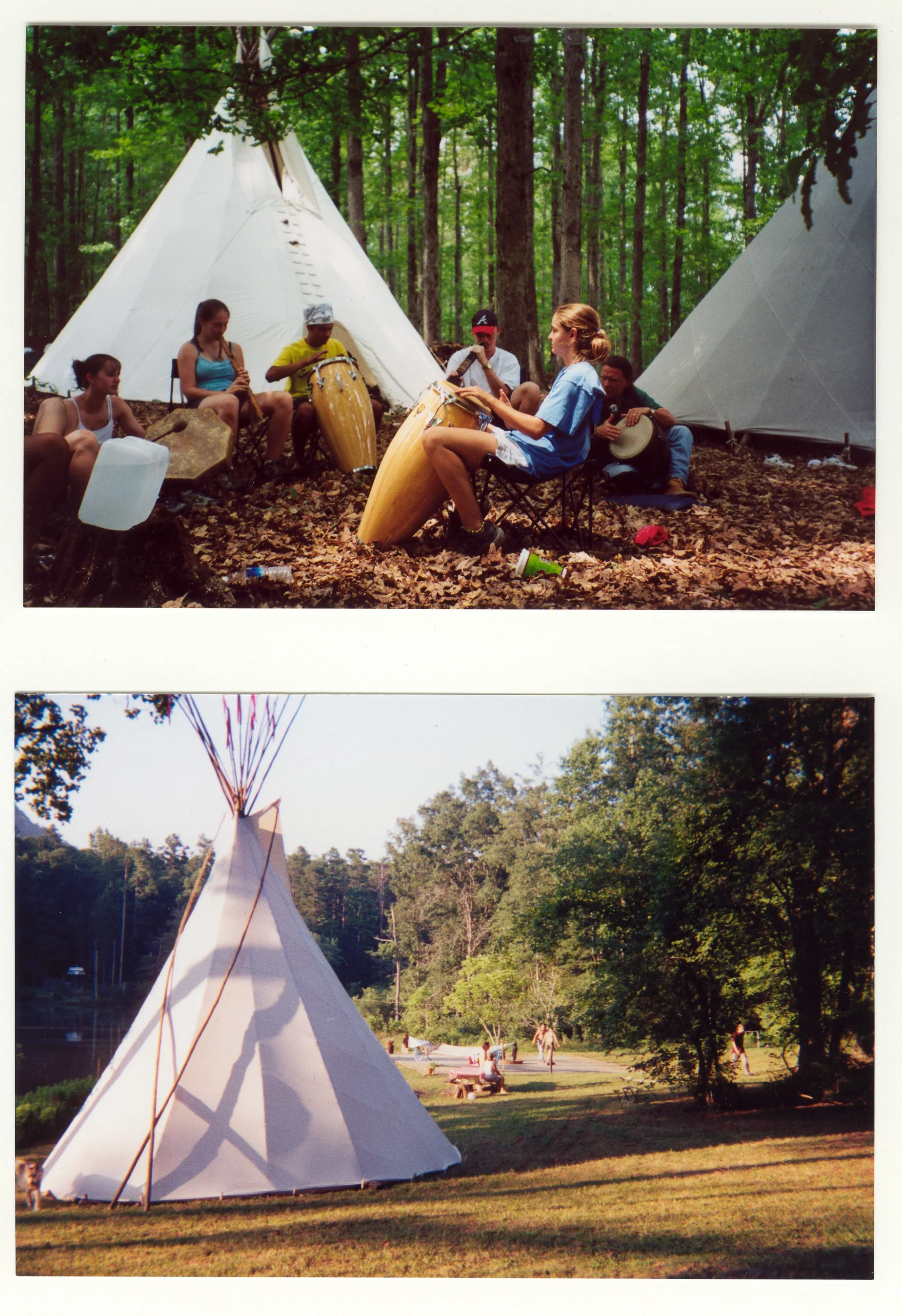 People sitting around a teepee tent in a forested area during daytime, with some playing drums and others relaxing.