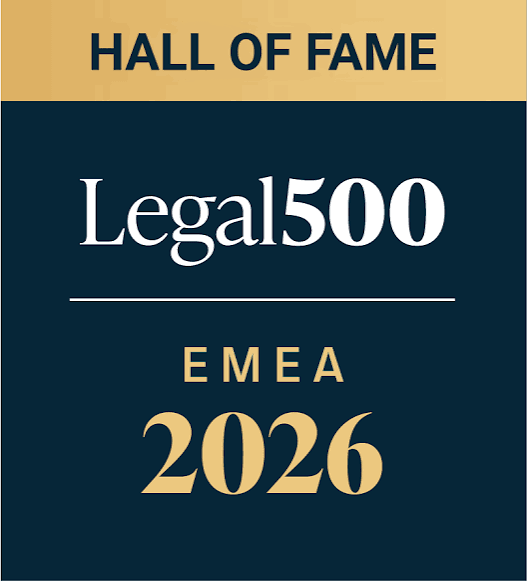 Design for an award or recognition event titled 'Hall of Fame' with 'Legal 500' logo, 'EMEA,' and the year '2026' on a dark background with gold accents.