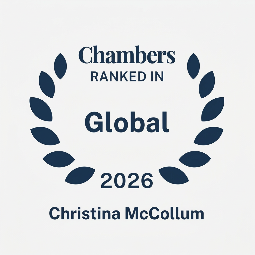 Award badge stating 'Chambers ranked in global 2026 Christina McCollum' with a navy laurel wreath design.