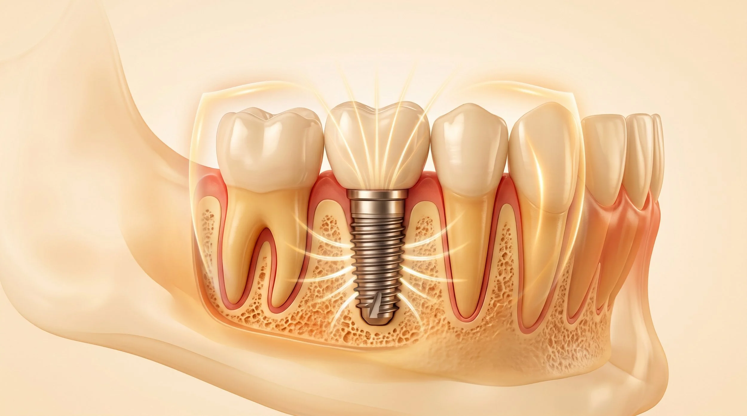 Illustration eines Zahnes mit Dentalimplant, umgeben von umgebenden Zähnen und Zahnfleisch, Darstellung des Implantats im Kieferknochen.