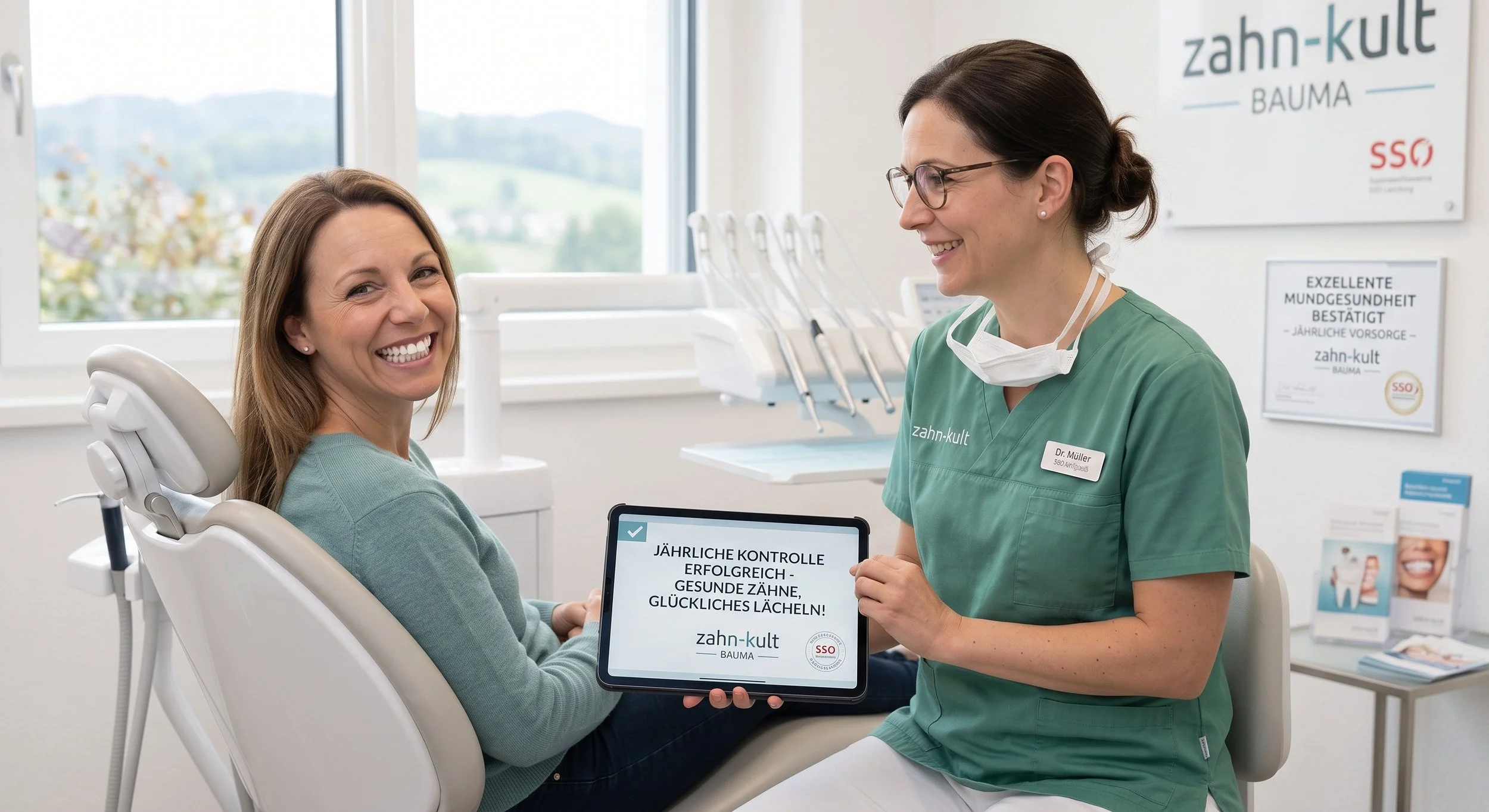 Eine Patientin sitzt lachend im Zahnarztstuhl, während eine Zahnärztin mit Brille und Namensschild lächelnd vor ihr steht und eine Tafel mit Text hält.
