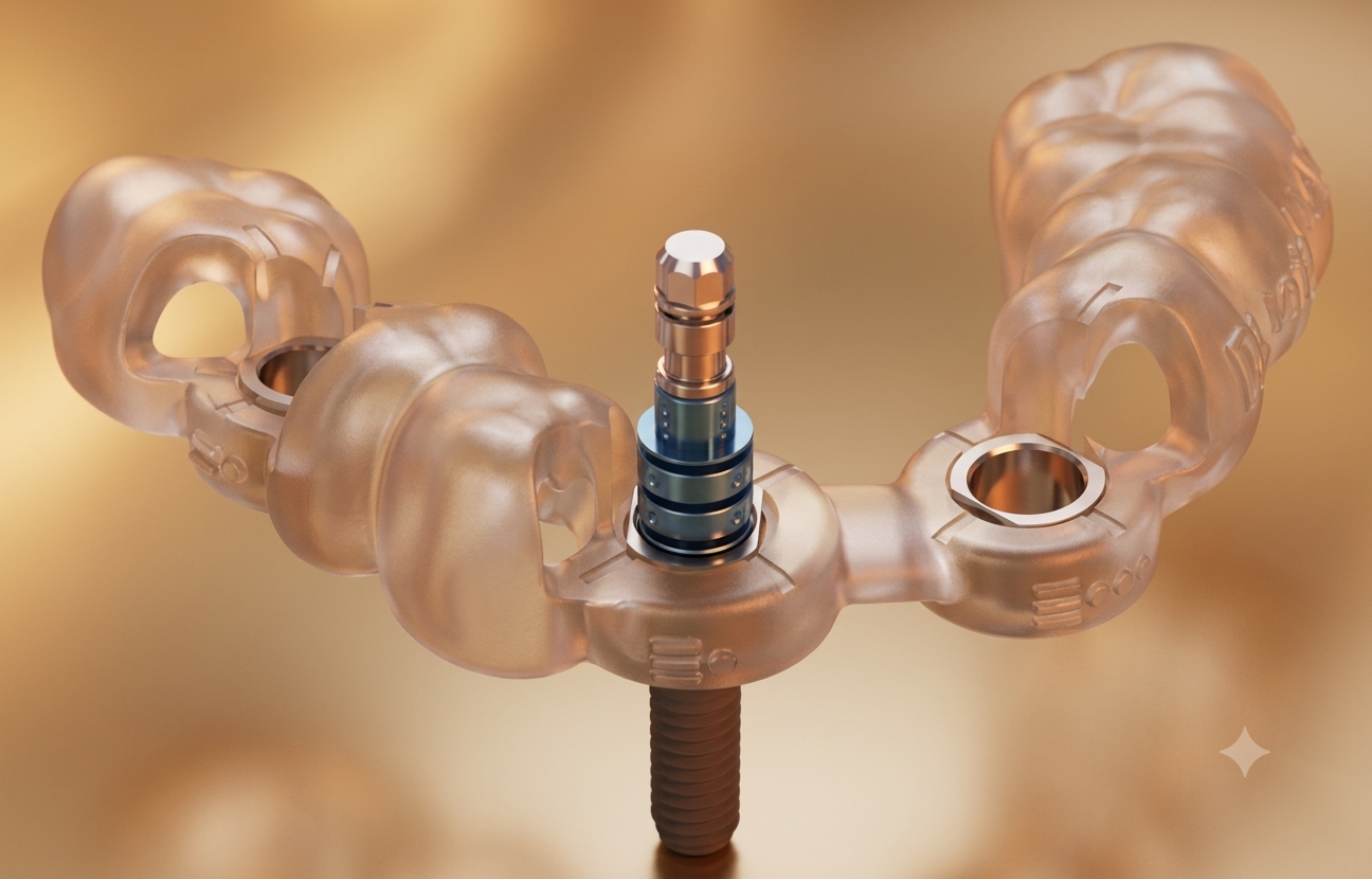 Ein zylinderförmiges mechanisches Implantat, umgeben von transparenten, siliconartigen Teilen, auf einem goldfarbenen Hintergrund.