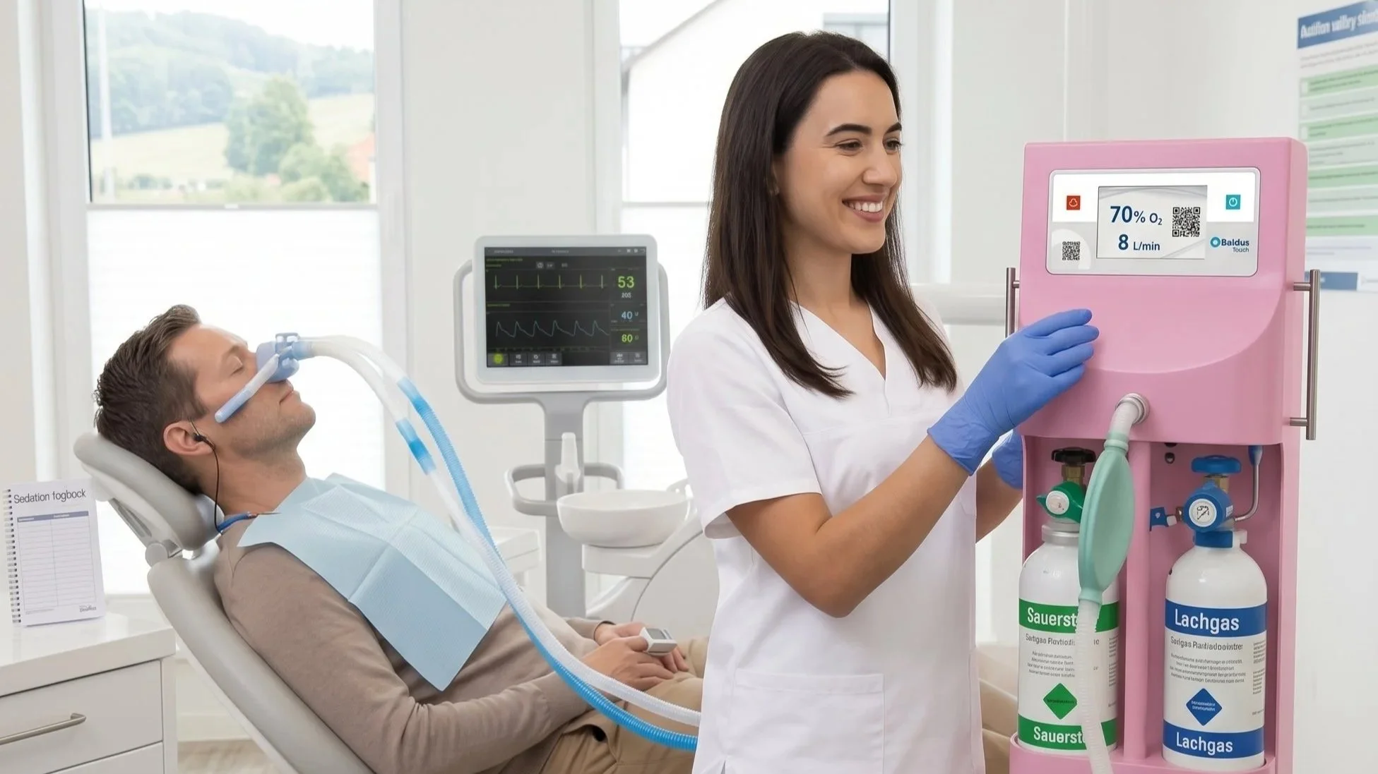 Ein Mann liegt im Krankenhaus auf einem Stuhl mit einer Atemmaske, während eine Krankenschwester neben ihm eine Sauerstoffvorrichtung bedient, die 70 Prozent Sauerstoff liefert.