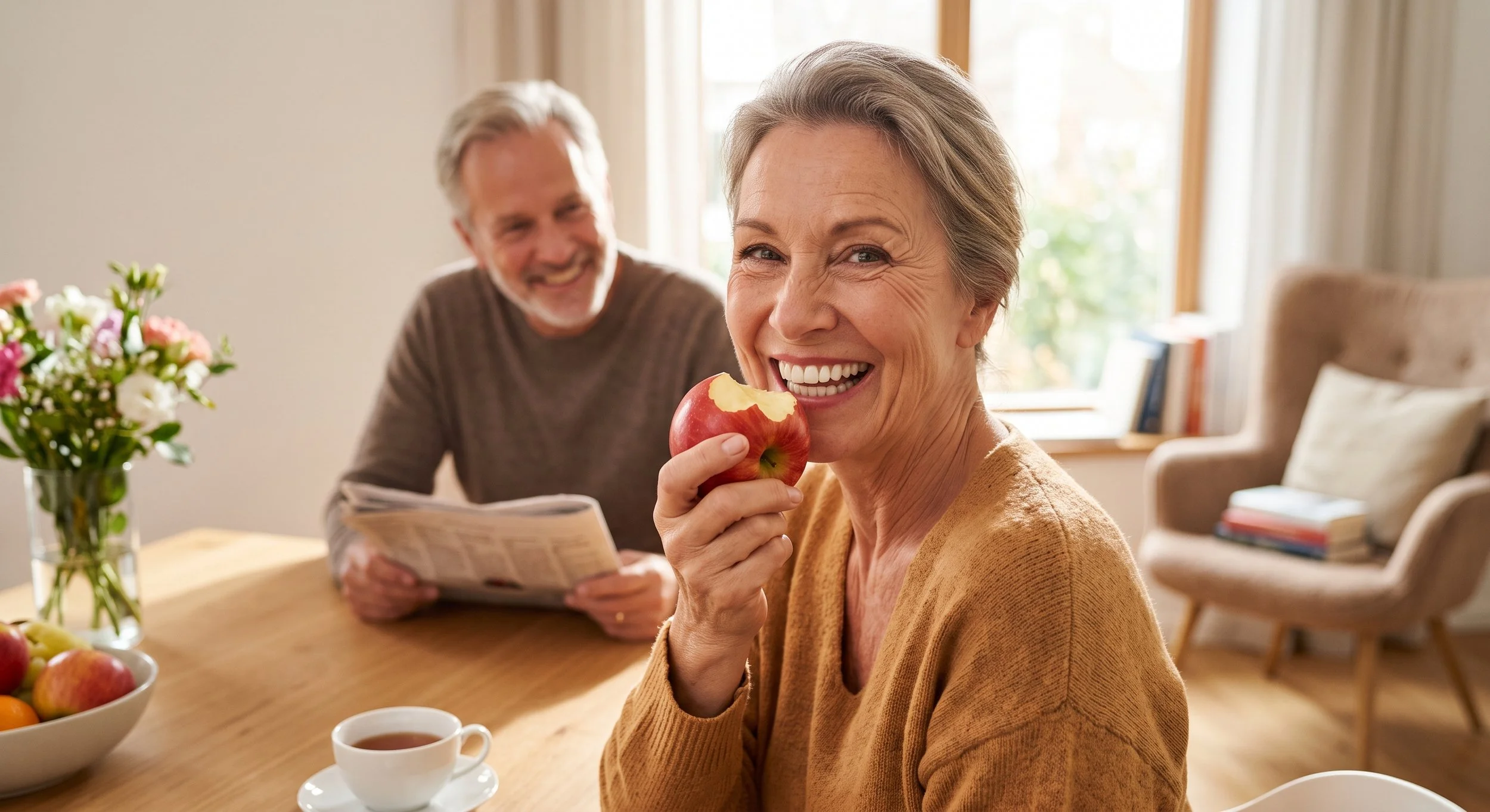 Eine ältere Frau isst lachend einen Apfel, im Hintergrund ein lachender älterer Mann mit einer Zeitung, umgeben von Frühstück und Blumen im Wohnzimmer.