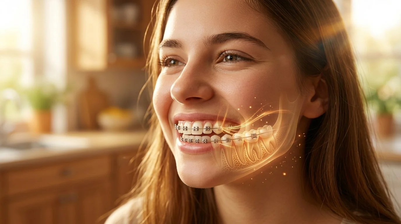 Junge Frau mit Zähnen und Brackets, mit digitalem anatomischen Blick auf den Kiefer und die Zähne, im hellen Küchenumfeld.