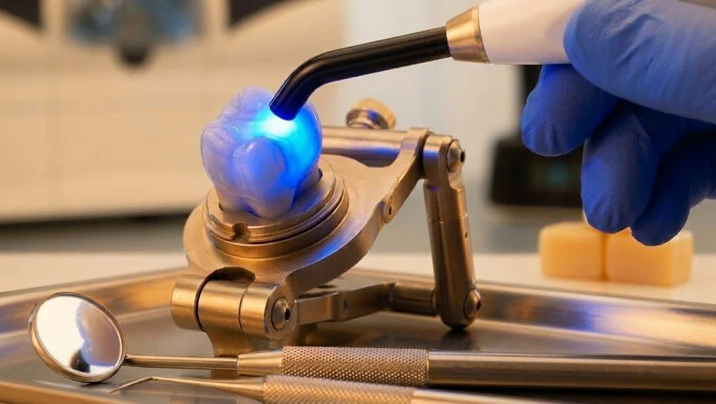 Zahnarzt führt eine Behandlung mit einem Lasergerät durch, während die Hand eines Patienten mit einem blauen Handschuh sichtbar ist.