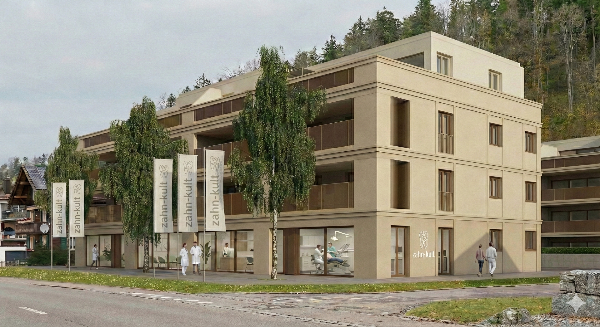 Modernes Gebäude mit Zahnarztpraxis "zahn-kult" im Erdgeschoss, mit mehreren Ärzten und Patienten, Bäume und sanfte Hügel im Hintergrund, mehrere Fahnen mit Zahn-Logo und Name, vor dem Gebäude eine Straße und Fußgänger.