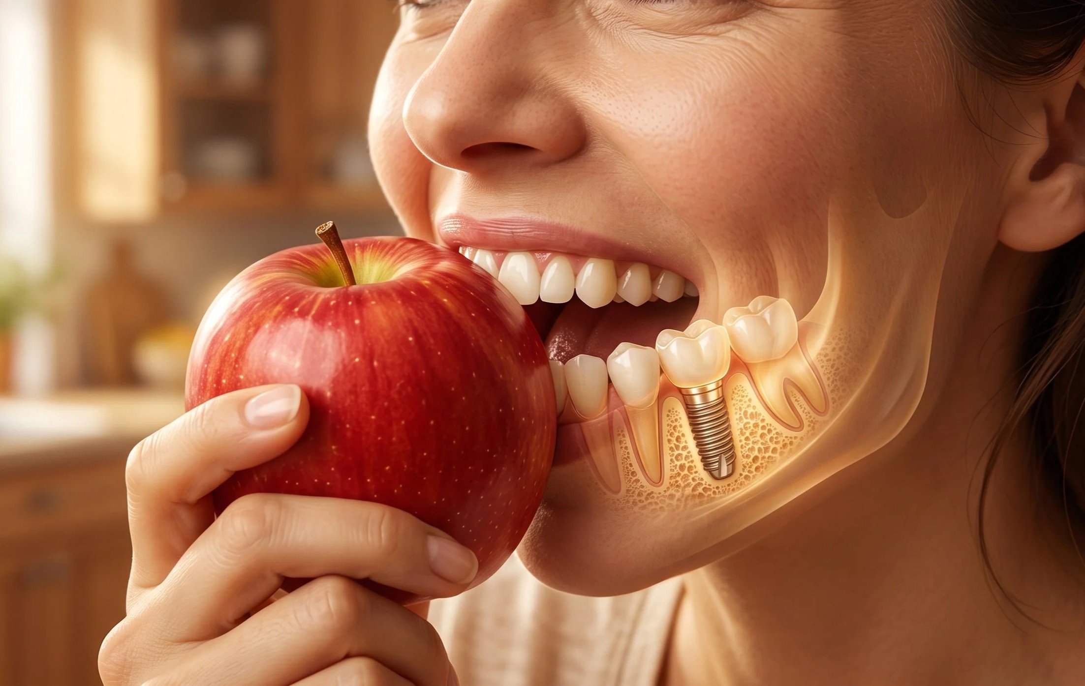 Eine Nahaufnahme eines lachenden Mädchens, das ein rotes Apfel isst. Das Bild enthält eine anatomische Illustration des menschlichen Kiefers, der Zähne und eines Zahnersatzes, die den Mundbereich innerhalb des Fotos erklärt.