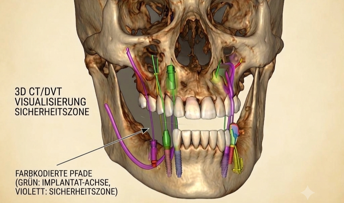 3D-CT/DVT-Visualisierung eines menschlichen Schädels mit farbigen Implantaten und Sicherheitszone für zahnchirurgische Eingriffe
