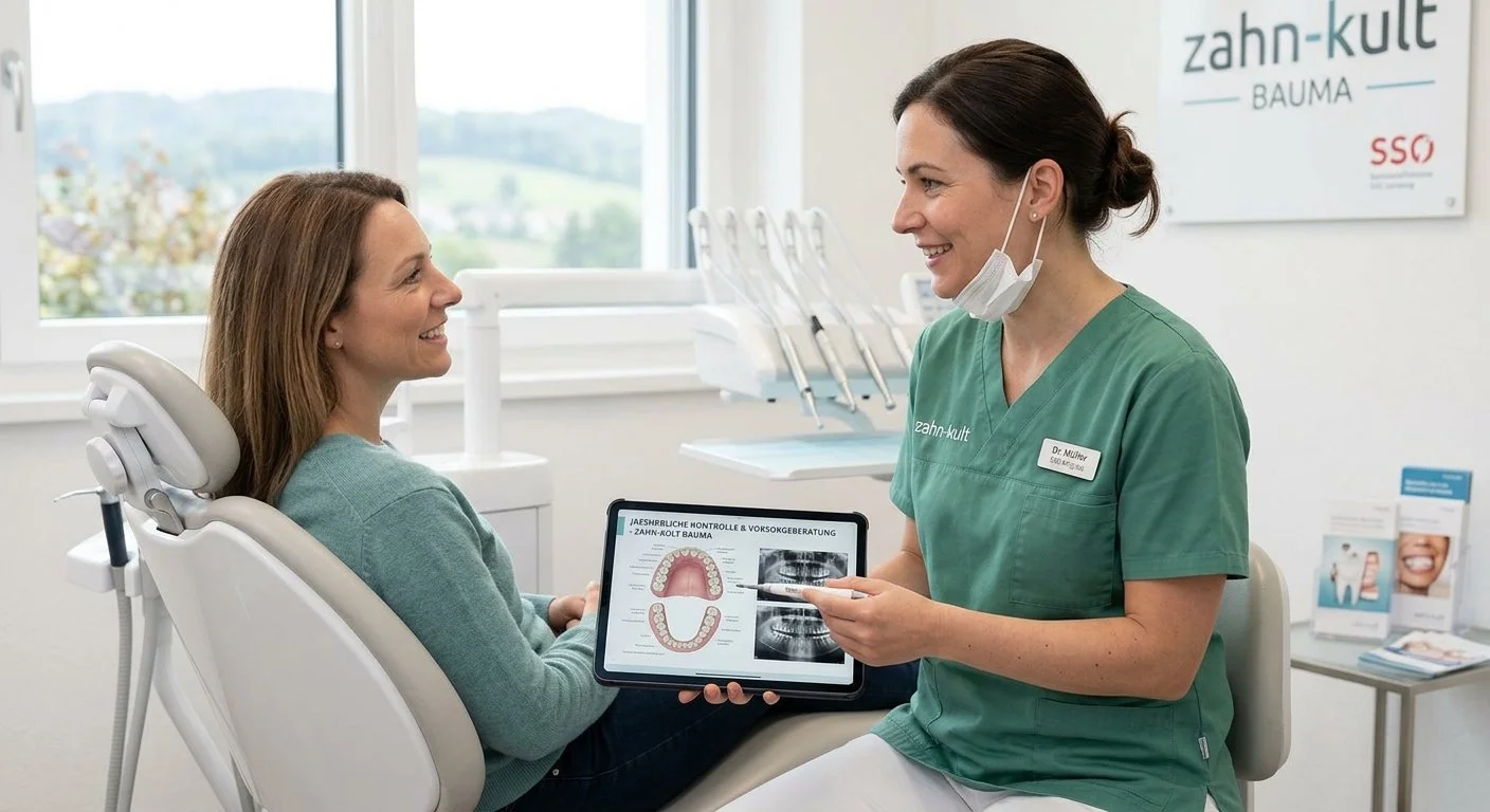 Zahnärztin zeigt einer Patientin ein Tablet mit Zahngrafiken und Röntgenbildern in einer Zahnarztpraxis.