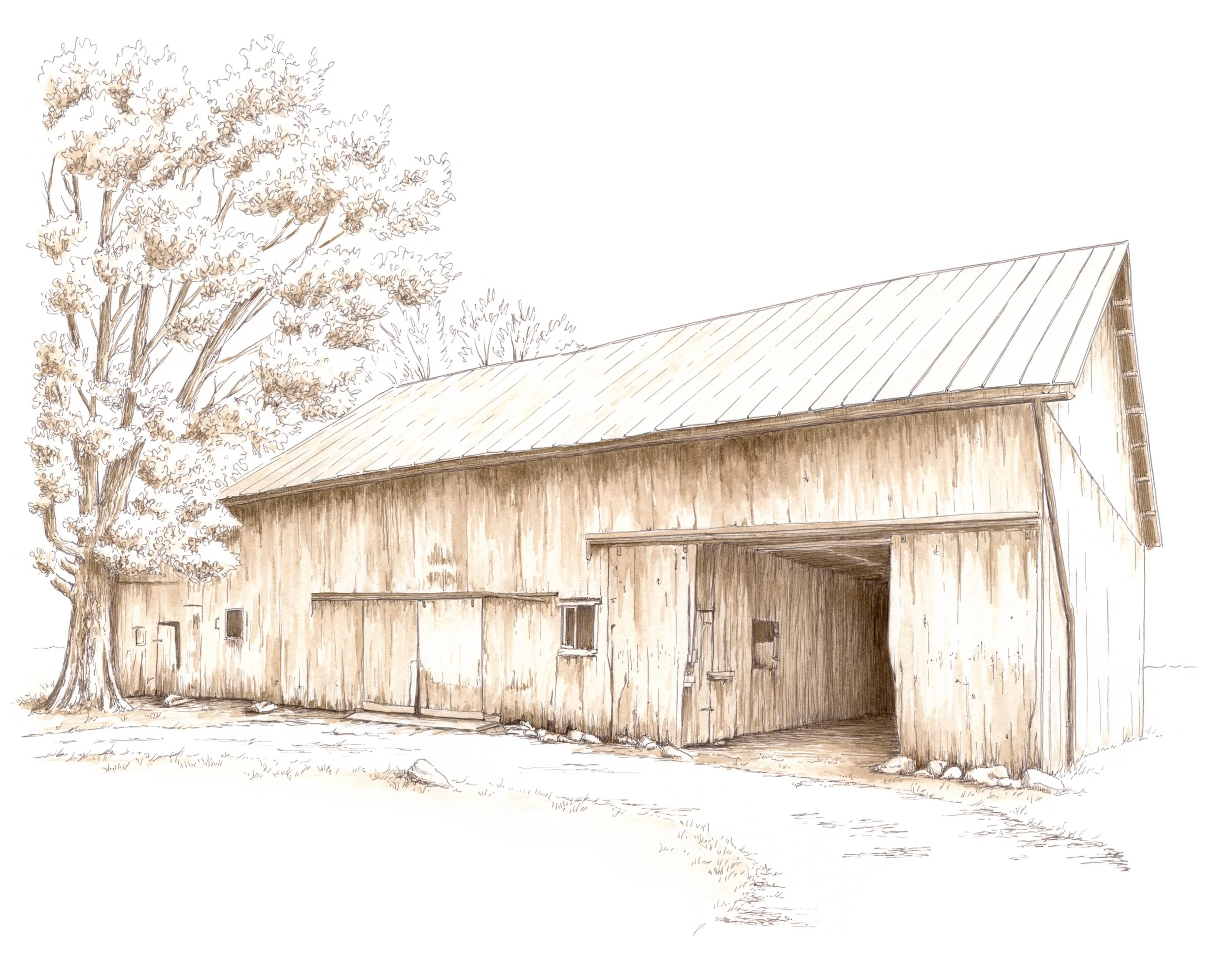A detailed drawing of a wooden barn with a metallic roof, surrounded by trees, captured in a rustic art style.