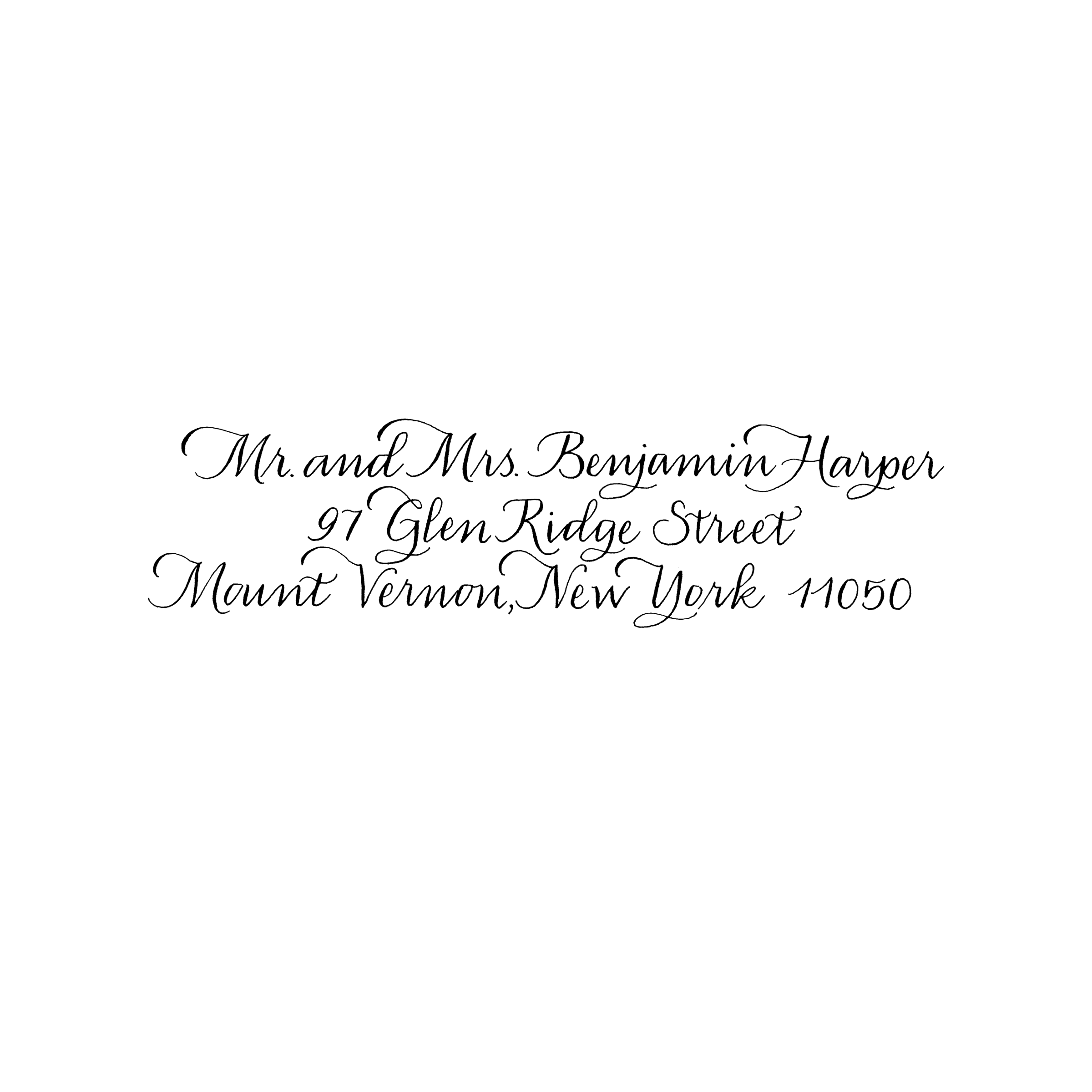 A wedding invitation card with elegant black background and white cursive text that reads 'Mr. and Mrs. Benjamin Harper 97 Glen Ridge Street Mount Vernon, New York 10550'.