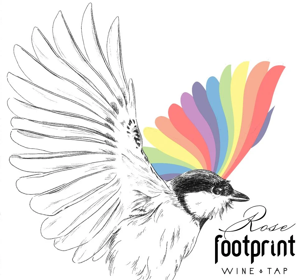 Black and white drawing of a bird, likely a chickadee, with a rainbow-colored spray behind it, and the words 'Rose footprint WINE TAP'.