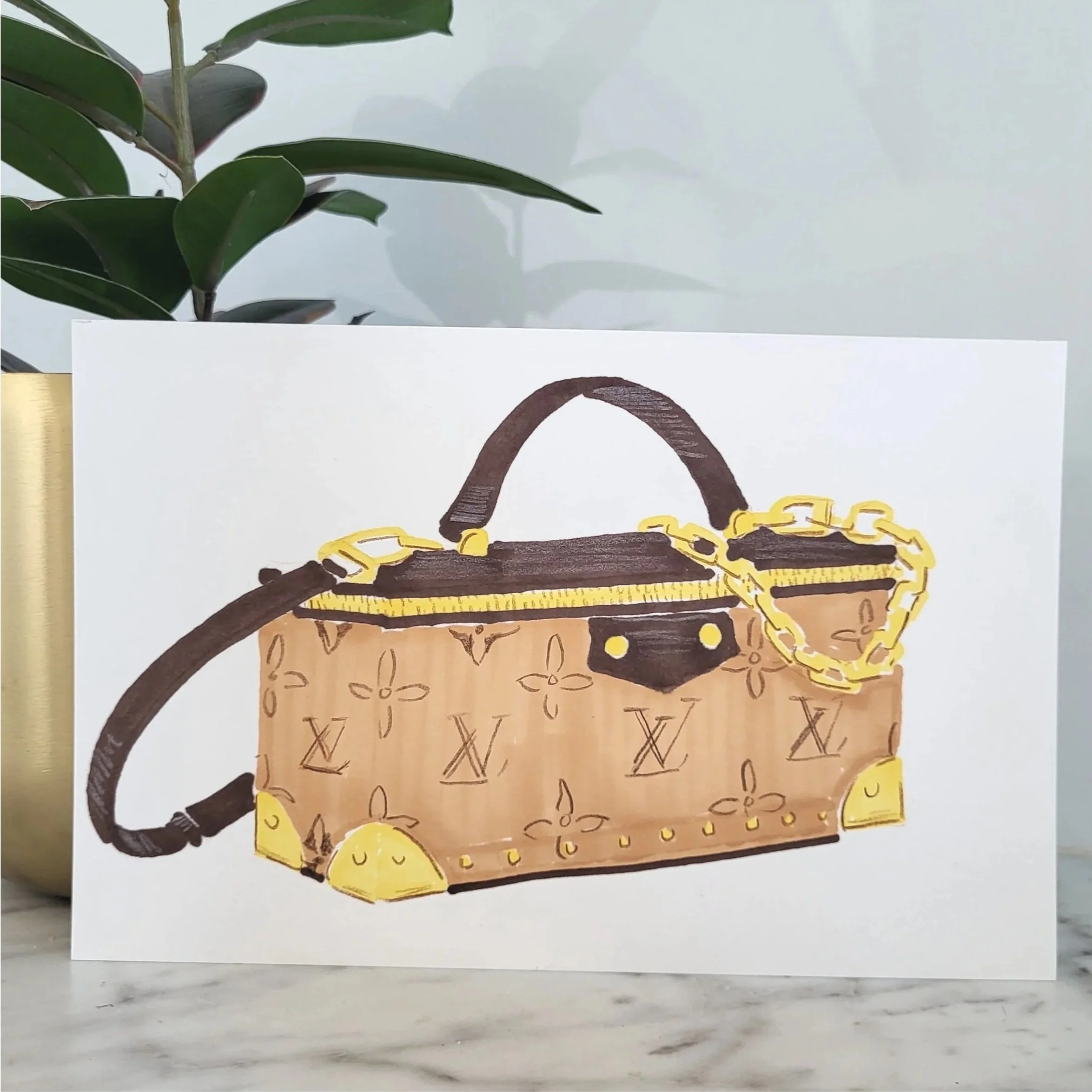 A drawing of a brown Louis Vuitton bag with a gold chain and other gold accents.