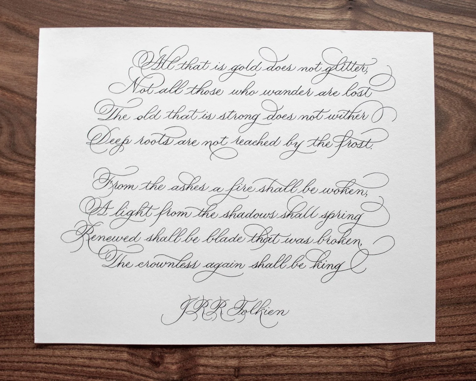 A handwritten letter on white paper with elegant cursive script, resting on a wooden surface. The letter is a quote from J.R.R. Tolkien about the nature of fire, ashes, and renewal.